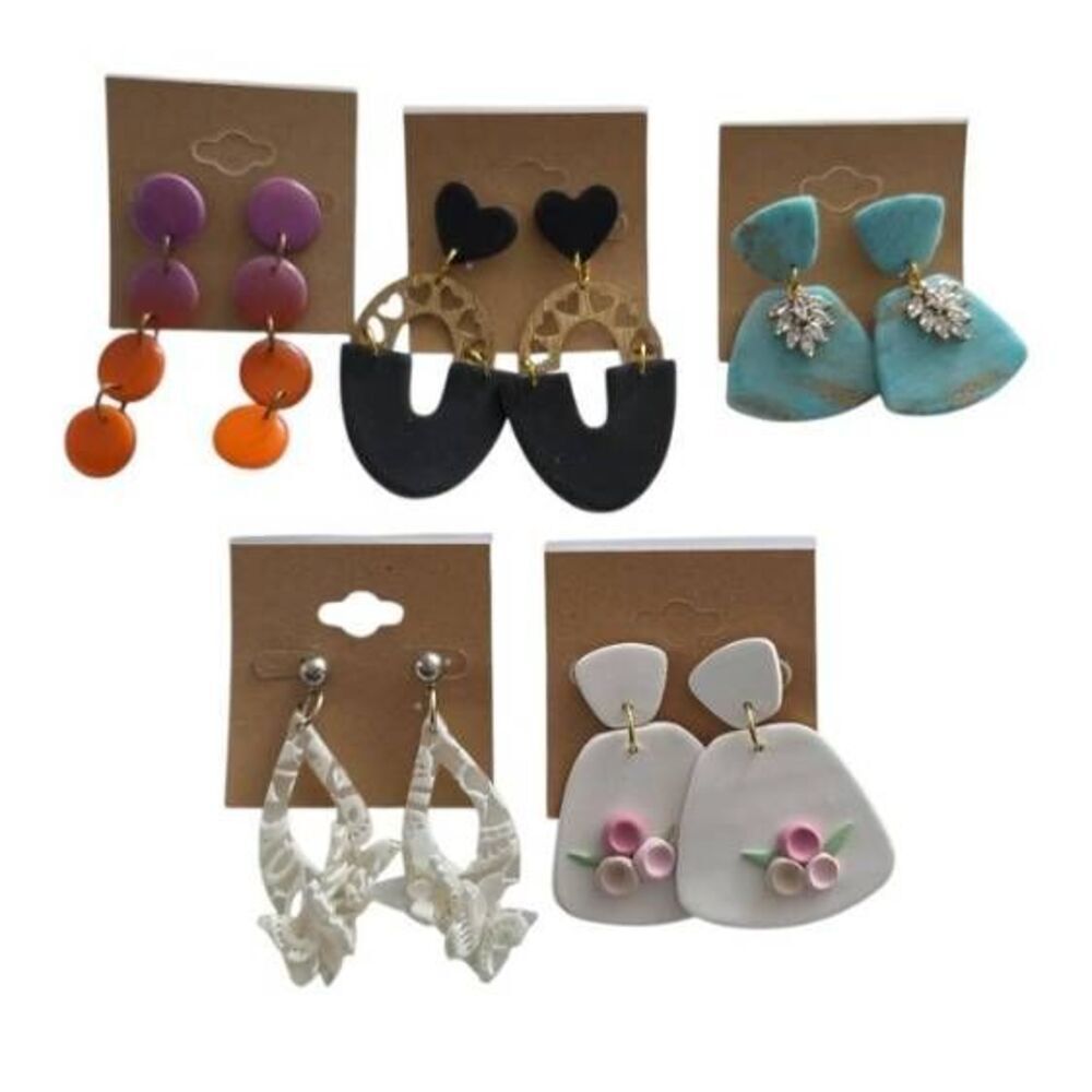 Bundle of 5 Handmade Clay Metal Dangly Earrings Butterfly Discs Hearts